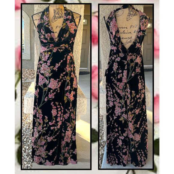 Lulus Black Burnout Velvet Floral  Cowl-Back Enhanced Maxi Dress Size L - Picture 4 of 8